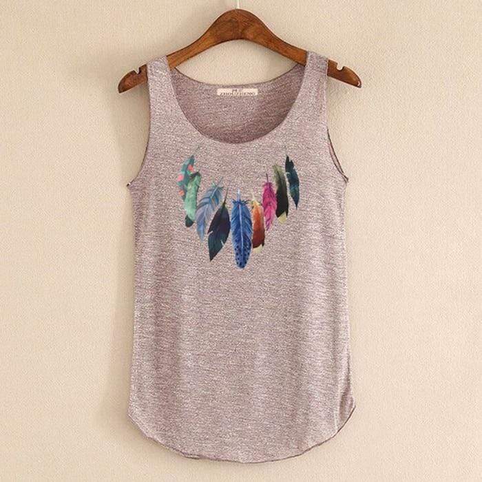 hansleii Brown / One Size Spring Summer New Tank Tops Women Sleeveless Round Neck Loose Tees 2018 Ladies Colored Feathers Printing T Shirt Vest Singlets