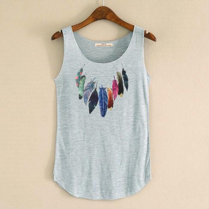 hansleii Gray / One Size Spring Summer New Tank Tops Women Sleeveless Round Neck Loose Tees 2018 Ladies Colored Feathers Printing T Shirt Vest Singlets