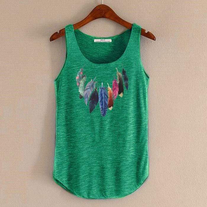 hansleii Dark green / One Size Spring Summer New Tank Tops Women Sleeveless Round Neck Loose Tees 2018 Ladies Colored Feathers Printing T Shirt Vest Singlets