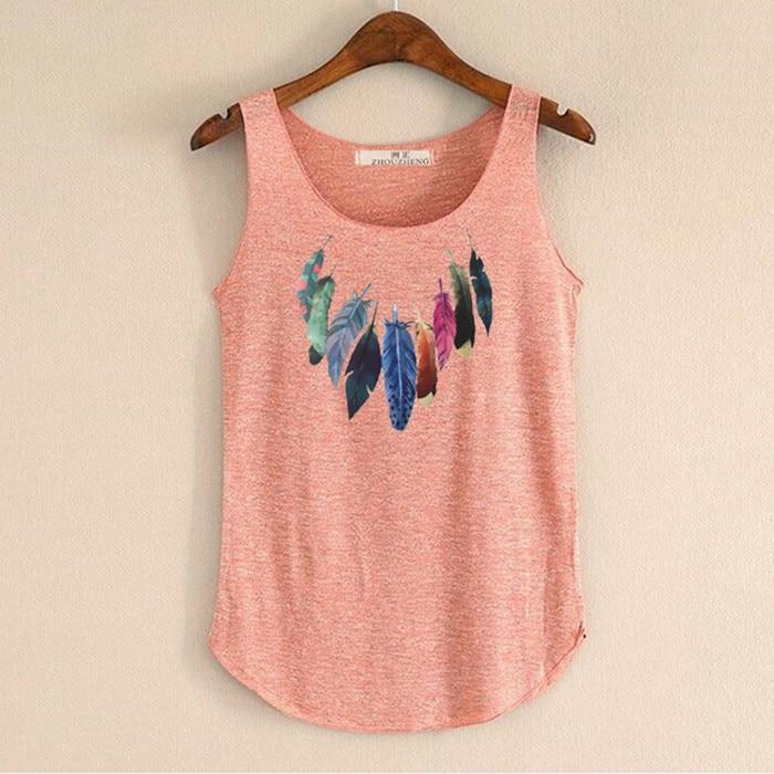 hansleii Orange / One Size Spring Summer New Tank Tops Women Sleeveless Round Neck Loose Tees 2018 Ladies Colored Feathers Printing T Shirt Vest Singlets