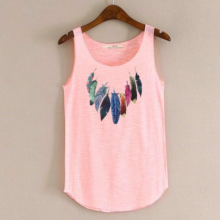 hansleii Pink / One Size Spring Summer New Tank Tops Women Sleeveless Round Neck Loose Tees 2018 Ladies Colored Feathers Printing T Shirt Vest Singlets