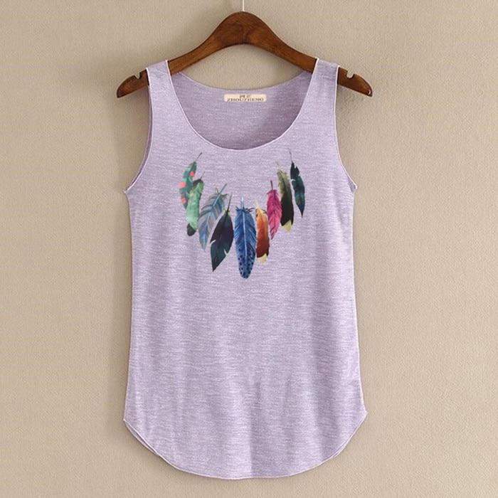 hansleii Lavender / One Size Spring Summer New Tank Tops Women Sleeveless Round Neck Loose Tees 2018 Ladies Colored Feathers Printing T Shirt Vest Singlets