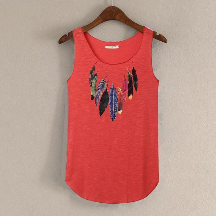 hansleii Red / One Size Spring Summer New Tank Tops Women Sleeveless Round Neck Loose Tees 2018 Ladies Colored Feathers Printing T Shirt Vest Singlets