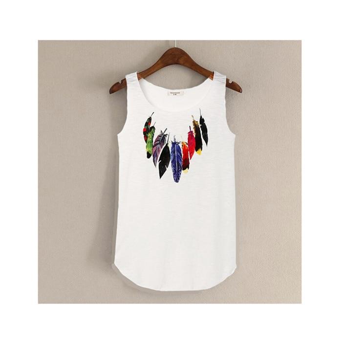 hansleii White / One Size Spring Summer New Tank Tops Women Sleeveless Round Neck Loose Tees 2018 Ladies Colored Feathers Printing T Shirt Vest Singlets