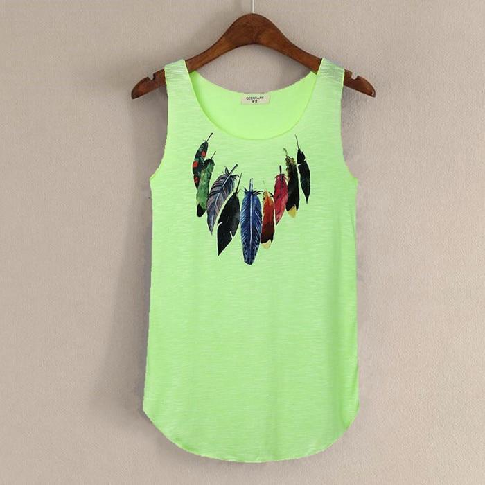hansleii Fluorescent green / One Size Spring Summer New Tank Tops Women Sleeveless Round Neck Loose Tees 2018 Ladies Colored Feathers Printing T Shirt Vest Singlets