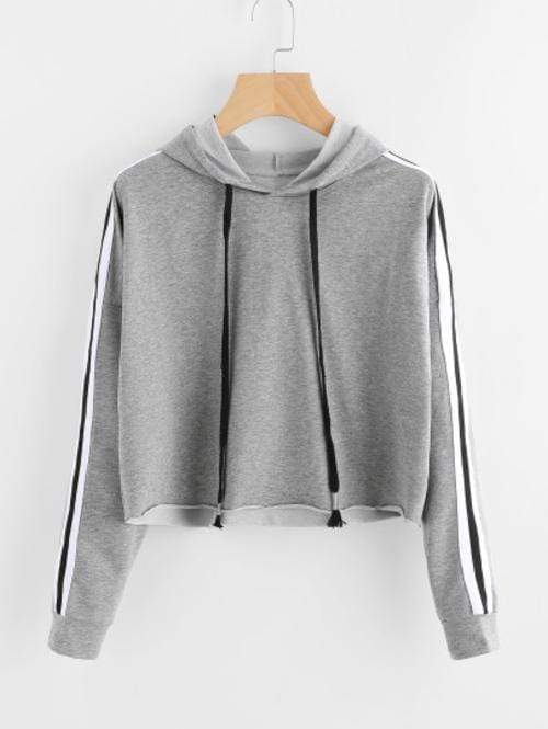 Celeste Women's Clothing Stripe Tape Drop Shoulder Raw Hem Marled Hoodie