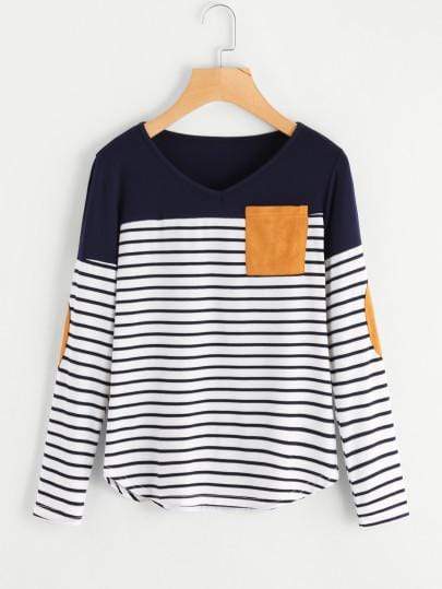 Celeste T-shirts Striped Elbow Patch Curved Hem T-shirt