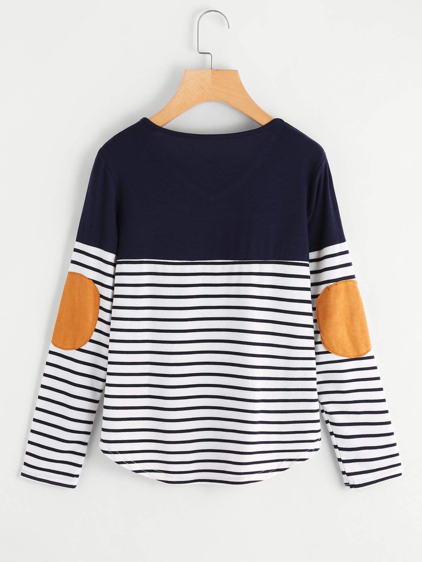 Celeste T-shirts Striped Elbow Patch Curved Hem T-shirt