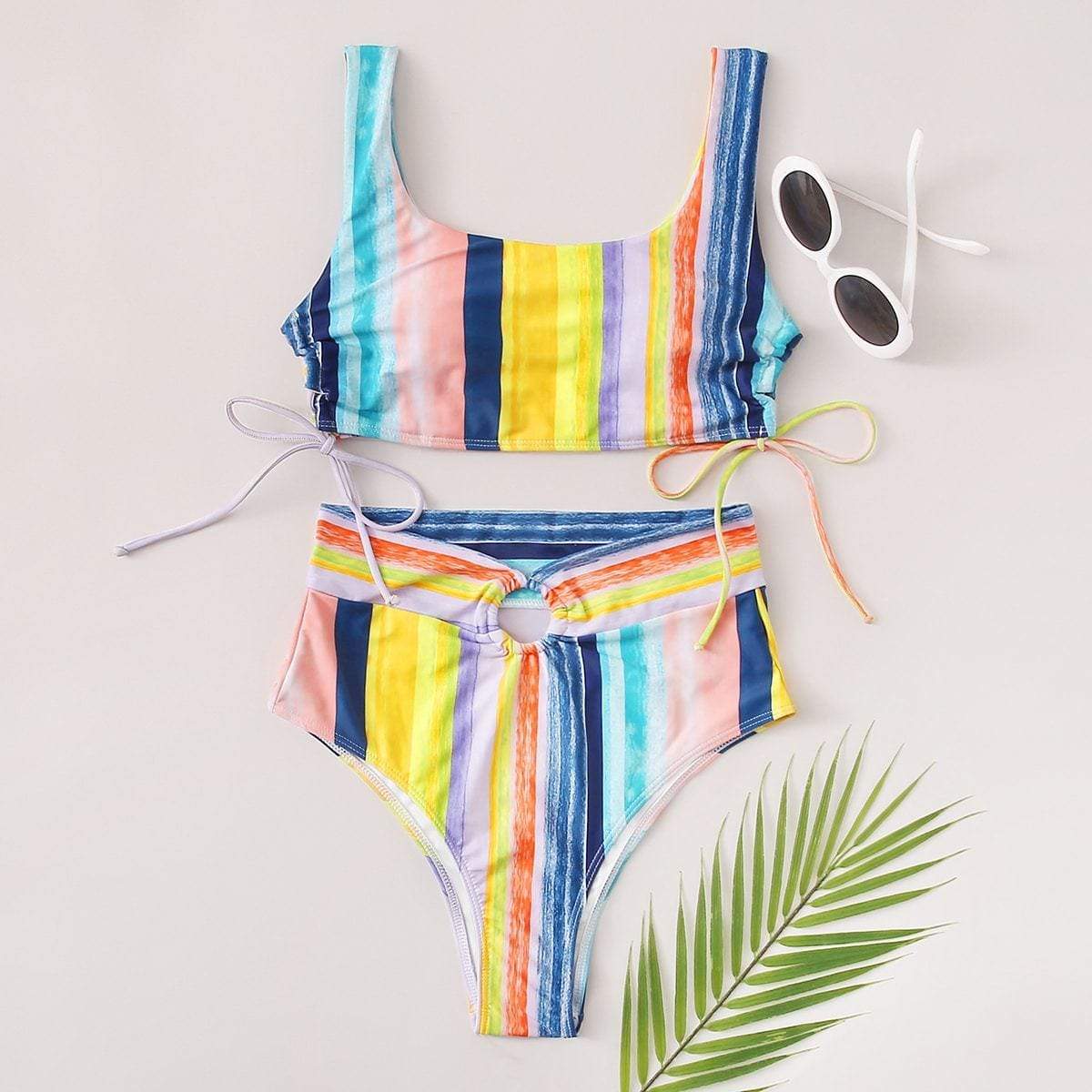 Angela Women's Clothing S / Multicolor Striped High Waisted Bikini Swimsuit