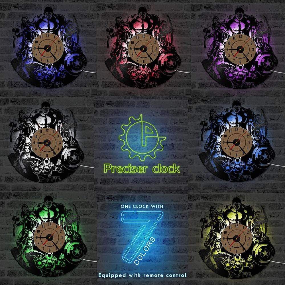 hansleii B with 7 colors / 12 inch The Avengers Shape Vinyl Record Clock Creative Hollow Marvel Comics LED Wall Clock Iron Man&Captain America&Thor Hanging Clock