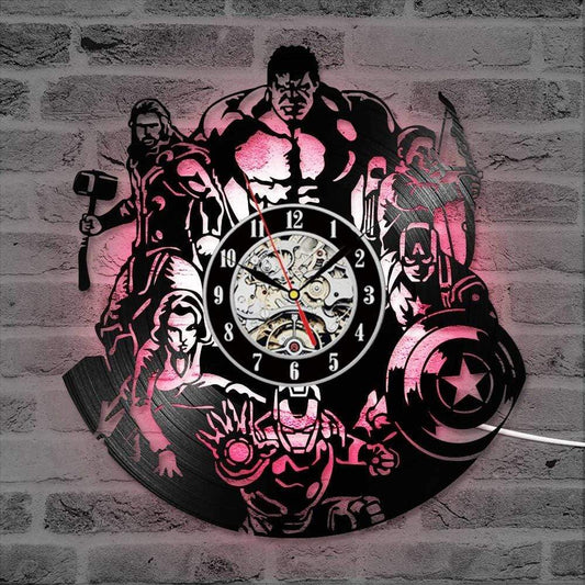hansleii The Avengers Shape Vinyl Record Clock Creative Hollow Marvel Comics LED Wall Clock Iron Man&Captain America&Thor Hanging Clock