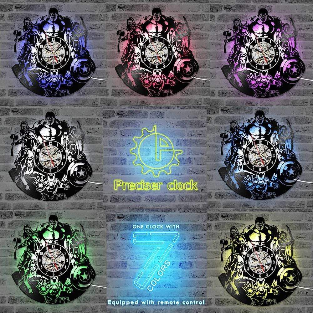 hansleii The Avengers Shape Vinyl Record Clock Creative Hollow Marvel Comics LED Wall Clock Iron Man&Captain America&Thor Hanging Clock