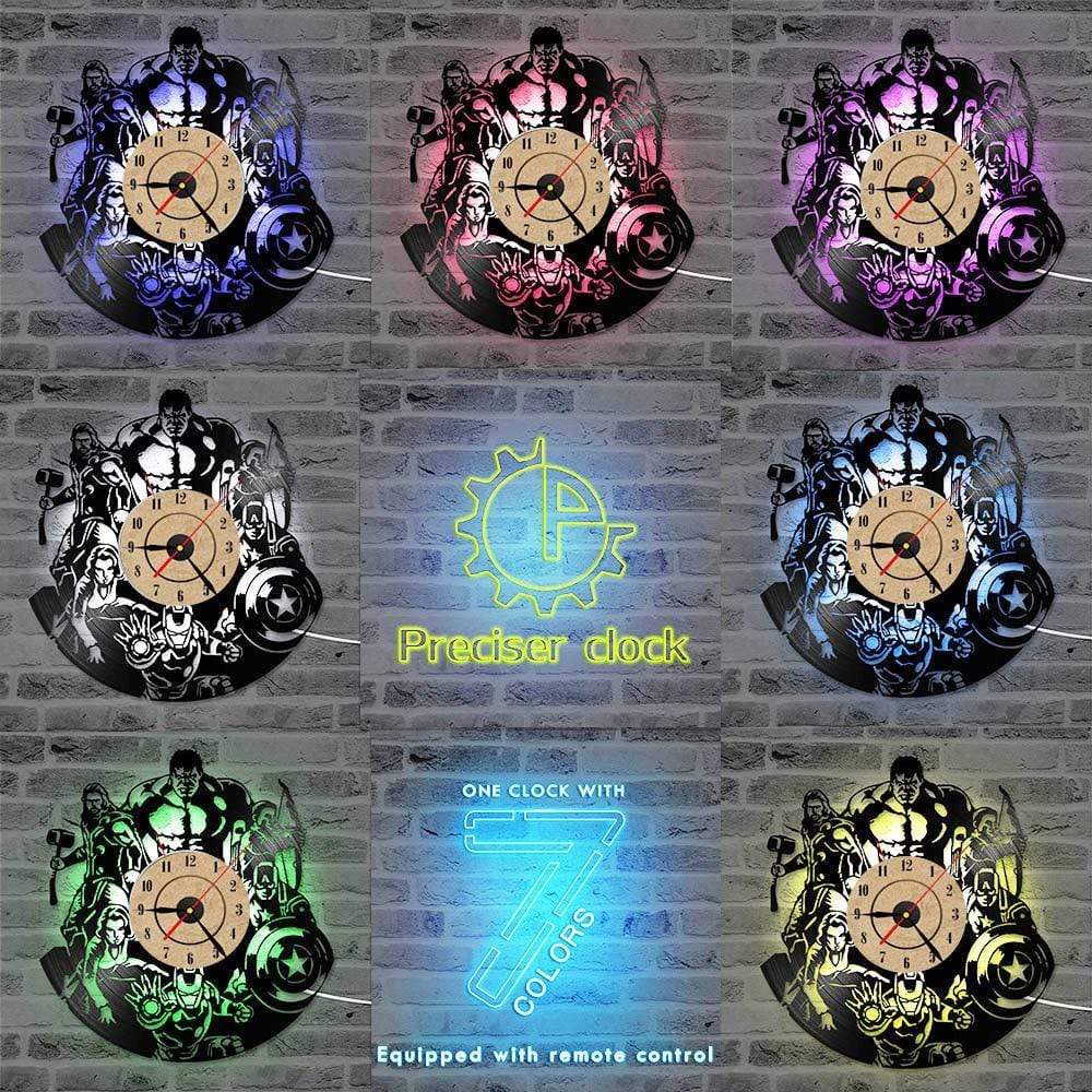 hansleii The Avengers Shape Vinyl Record Clock Creative Hollow Marvel Comics LED Wall Clock Iron Man&Captain America&Thor Hanging Clock