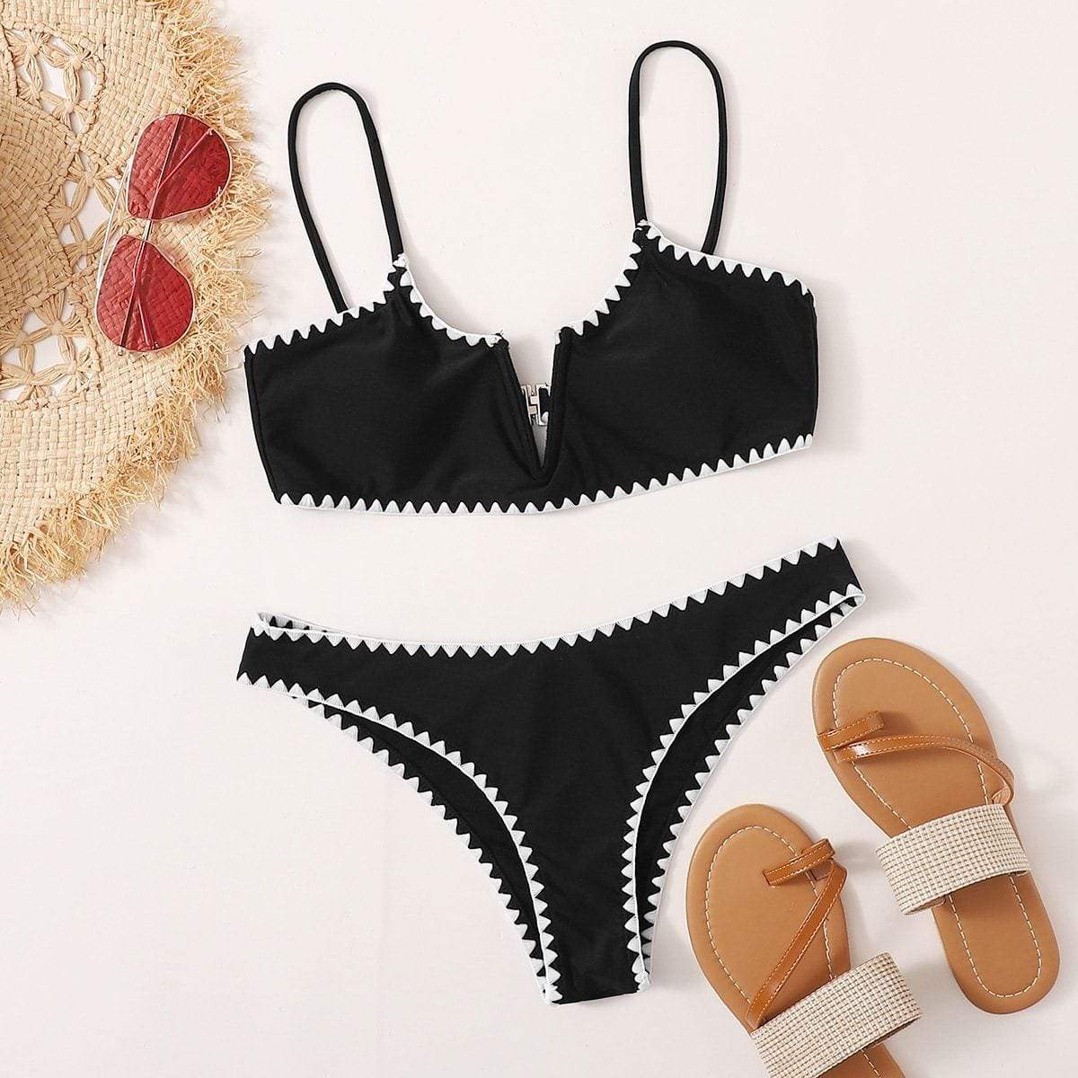 Angela Women's Clothing M / Black V Wired Whip Stitch Bikini Swimsuit