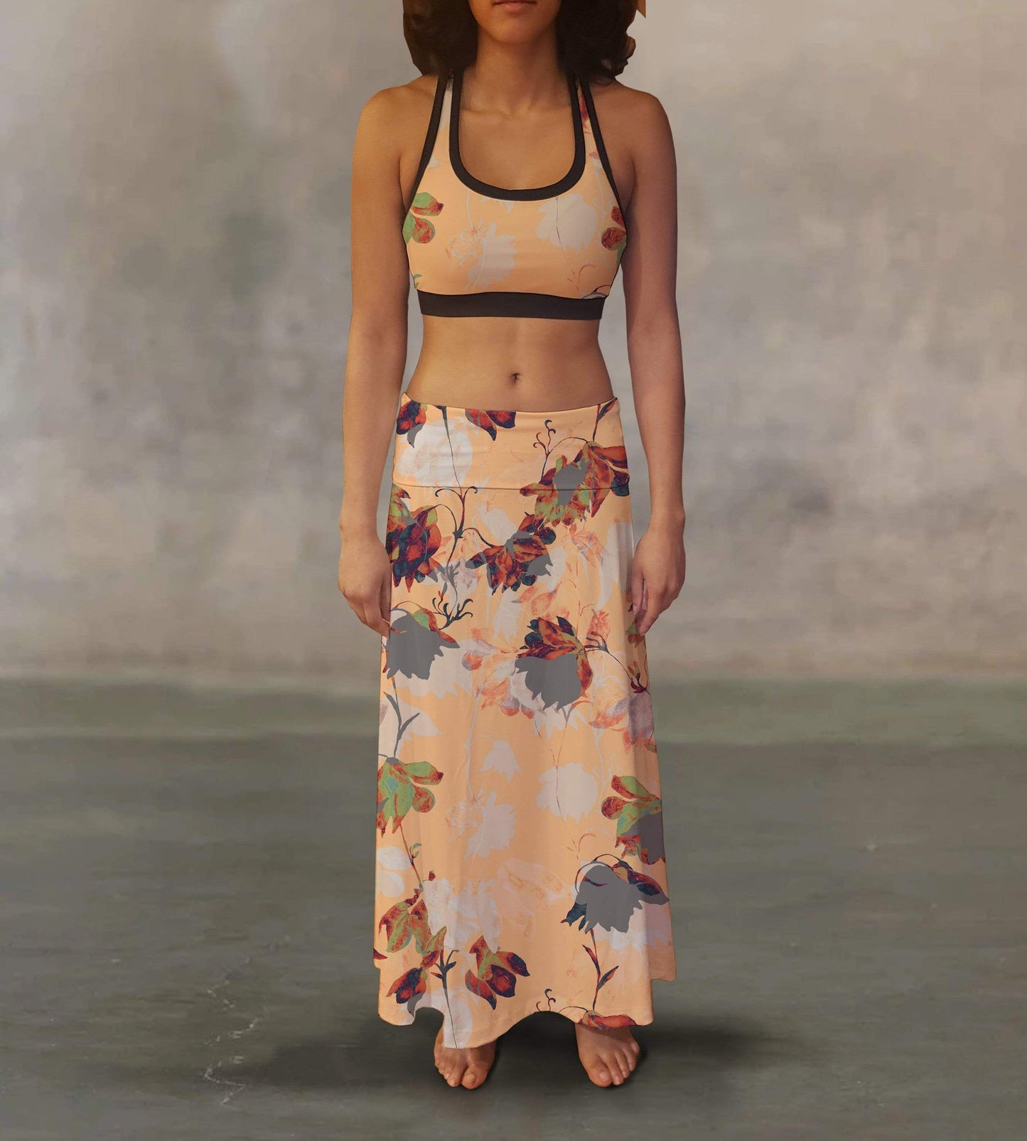 Orange Poppy Women's Clothing Vintage Watercolor Flowers Maxi Skirt