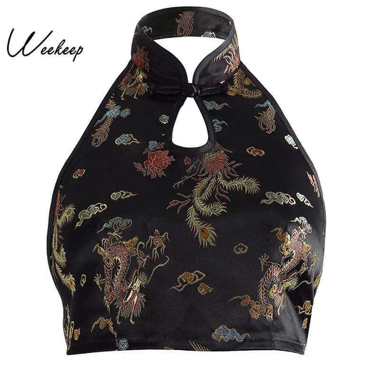 hansleii Weekeep Women Sexy Backless Chinese Style Tank Top Black Halter Print Tank Tops Cropped Sleeveless Top Feminino