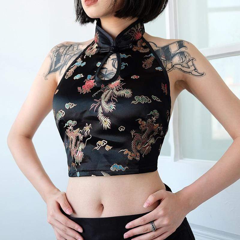 hansleii Weekeep Women Sexy Backless Chinese Style Tank Top Black Halter Print Tank Tops Cropped Sleeveless Top Feminino