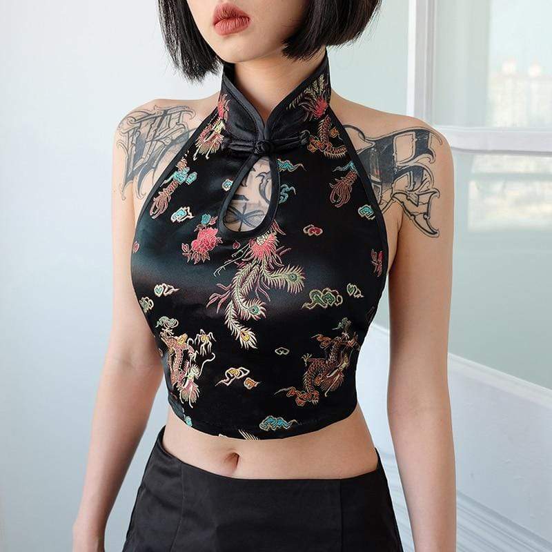 hansleii Weekeep Women Sexy Backless Chinese Style Tank Top Black Halter Print Tank Tops Cropped Sleeveless Top Feminino