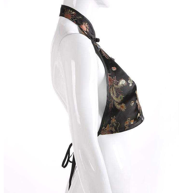 hansleii Weekeep Women Sexy Backless Chinese Style Tank Top Black Halter Print Tank Tops Cropped Sleeveless Top Feminino