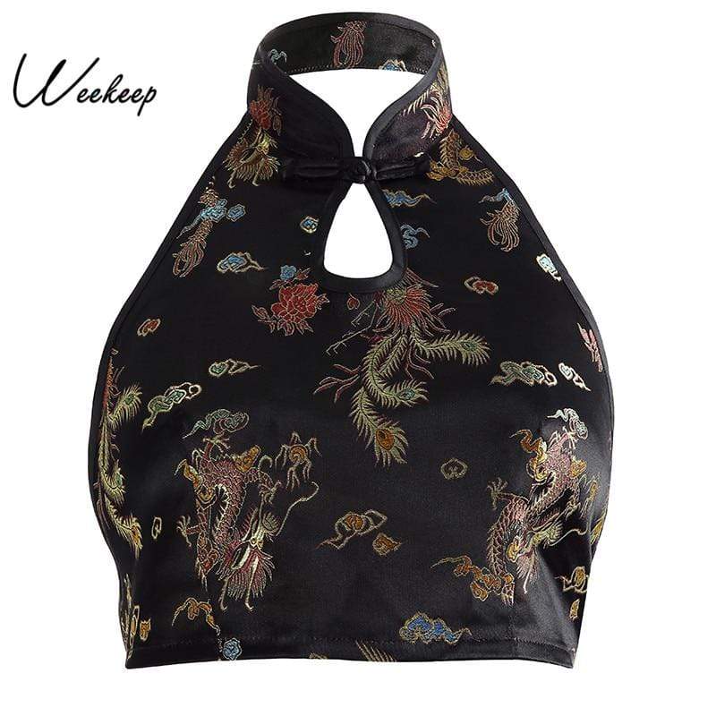 hansleii Black / L Weekeep Women Sexy Backless Chinese Style Tank Top Black Halter Print Tank Tops Cropped Sleeveless Top Feminino