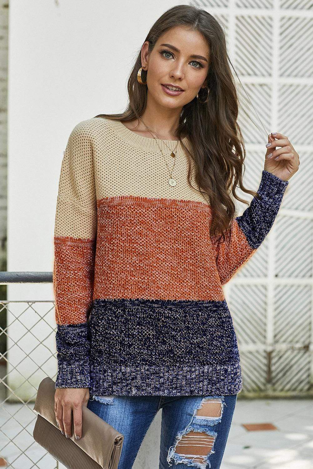 Teal Demeter Women's Clothing Winter Brown Color Block Netted Texture Pullover Sweater