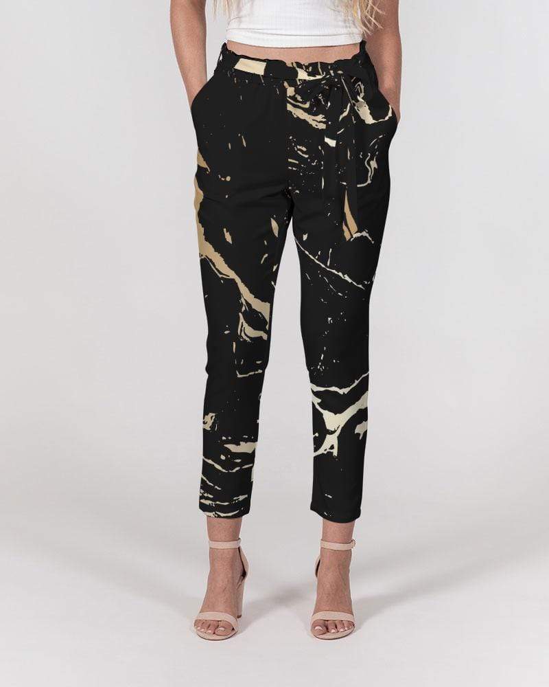 Grey Coco Accessories Women's Pants, Tapered Cut Trousers - Belted / Black / Golden Swirl