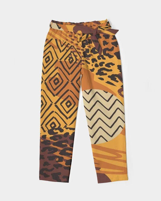 Grey Coco Accessories Women's Pants, Tapered Cut Trousers - Belted / Brown / Geometric