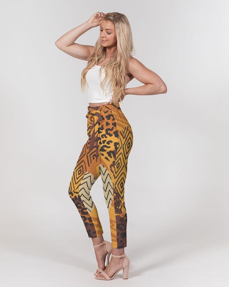 Grey Coco Accessories Women's Pants, Tapered Cut Trousers - Belted / Brown / Geometric