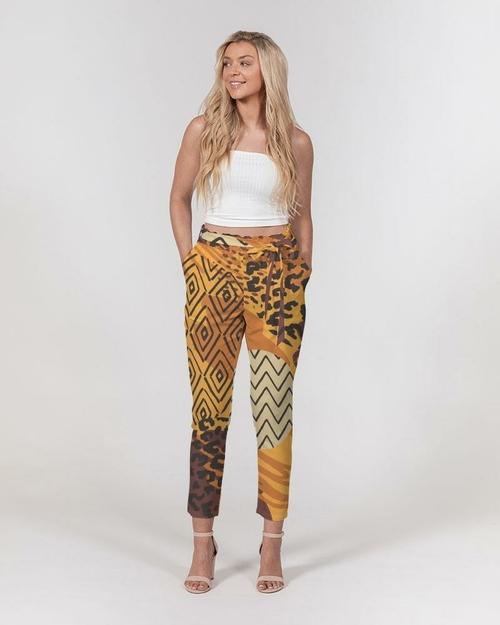 Grey Coco Accessories L / Brown Women's Pants, Tapered Cut Trousers - Belted / Brown / Geometric
