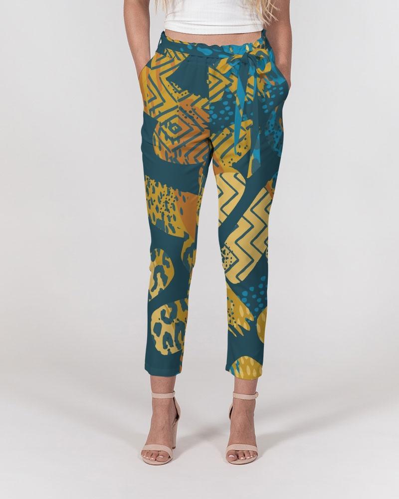 Grey Coco Accessories Women's Pants, Tapered Cut Trousers - Belted / Green Multicolor /