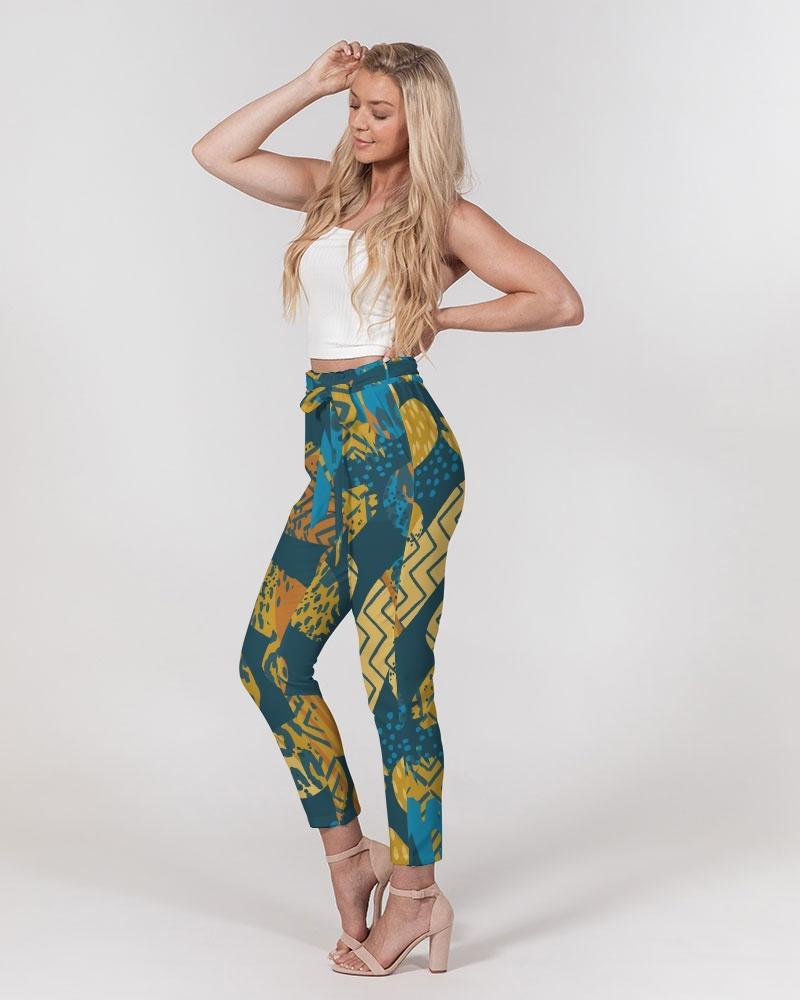 Grey Coco Accessories Women's Pants, Tapered Cut Trousers - Belted / Green Multicolor /