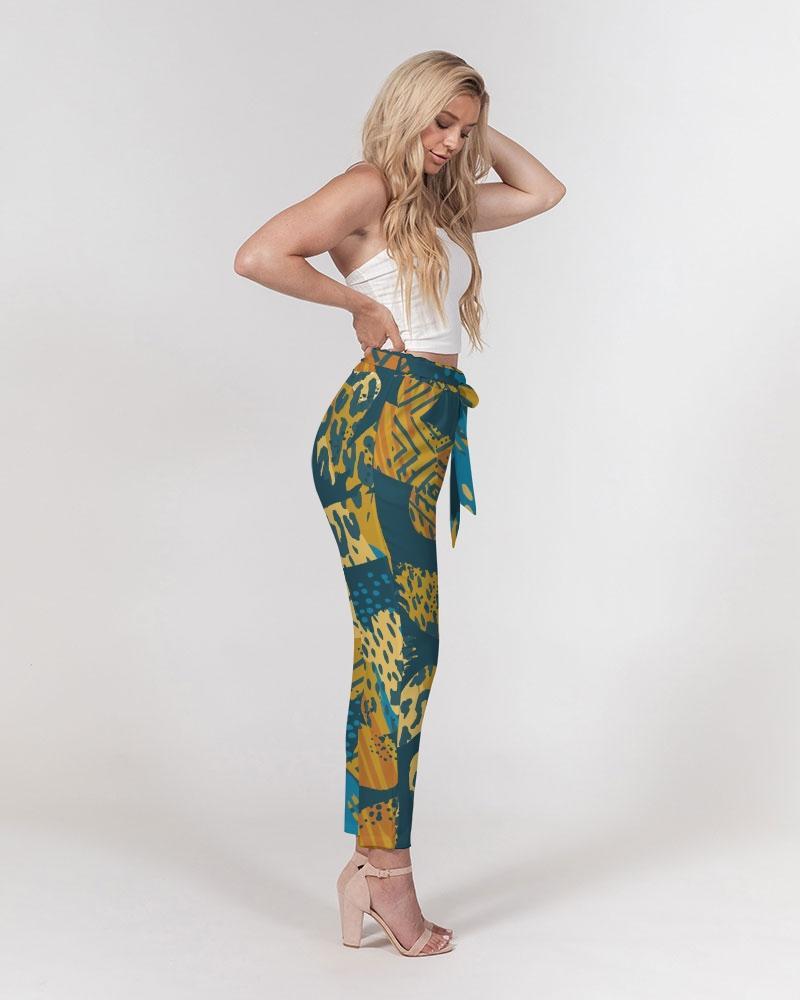 Grey Coco Accessories Women's Pants, Tapered Cut Trousers - Belted / Green Multicolor /