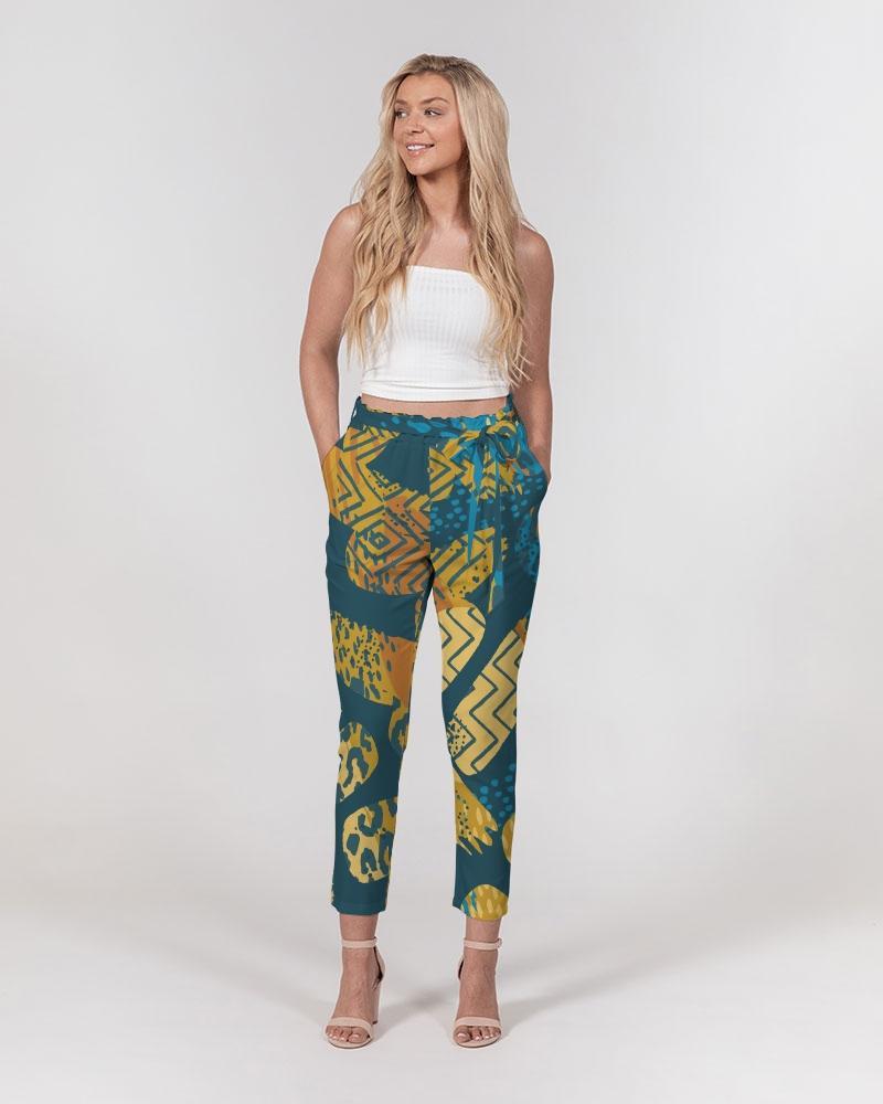 Grey Coco Accessories Women's Pants, Tapered Cut Trousers - Belted / Green Multicolor /