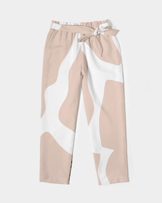 Grey Coco Accessories Women's Pants, Tapered Cut Trousers - Belted / Pink / Geometric Print