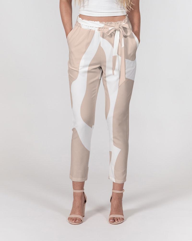 Grey Coco Accessories Women's Pants, Tapered Cut Trousers - Belted / Pink / Geometric Print