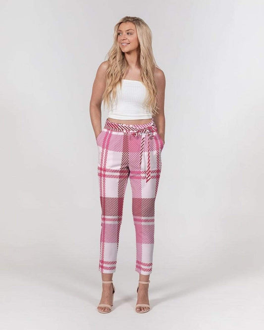 Grey Coco Activewear Women's Pants, Tapered Cut Trousers - Belted / Pink & White / Plaid
