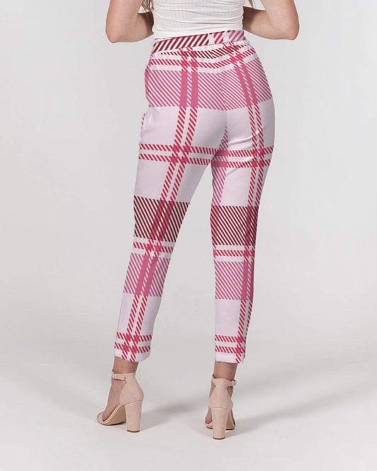 Grey Coco Activewear Women's Pants, Tapered Cut Trousers - Belted / Pink & White / Plaid