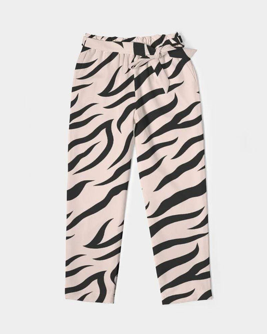 Grey Coco Accessories Women's Pants, Tapered Cut Trousers - Belted / Pink / Zebra Print