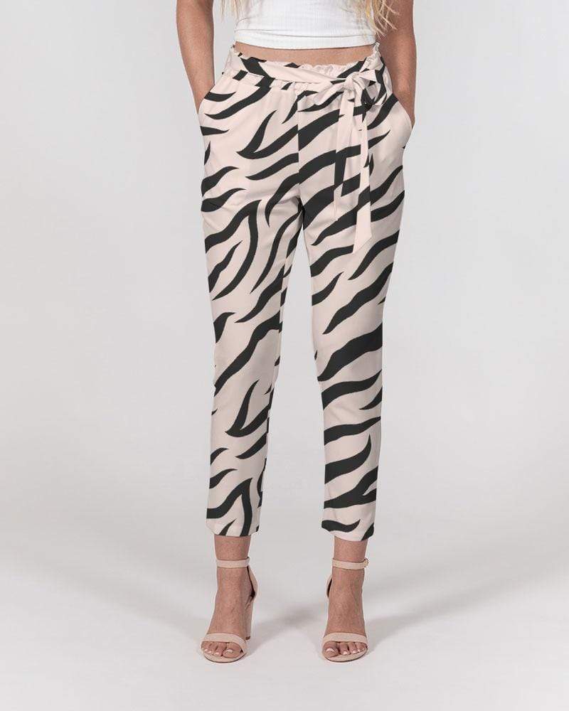 Grey Coco Accessories Women's Pants, Tapered Cut Trousers - Belted / Pink / Zebra Print