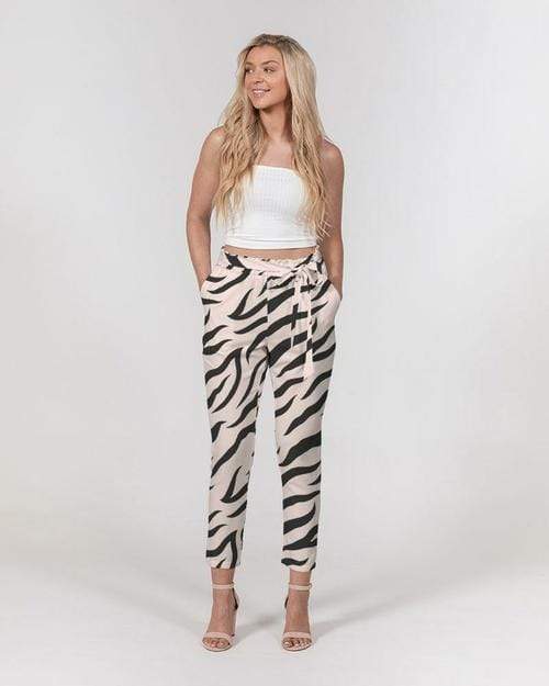 Grey Coco Accessories L / Pink Women's Pants, Tapered Cut Trousers - Belted / Pink / Zebra Print
