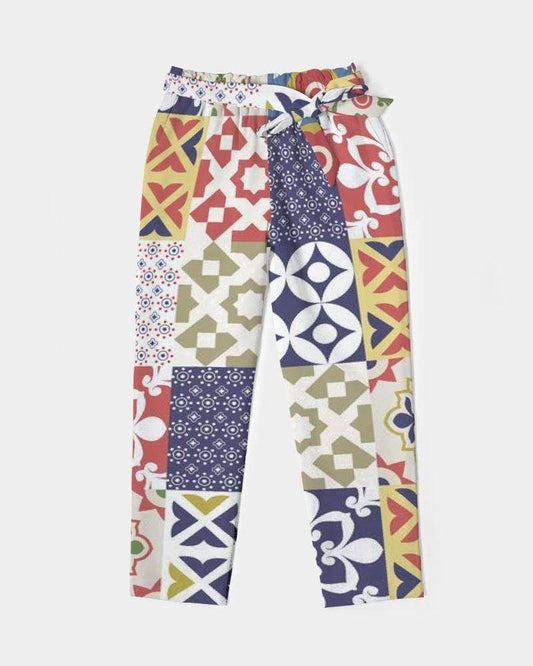 Grey Coco Accessories Women's Pants, Tapered Cut Trousers - Belted / White / Pop Print