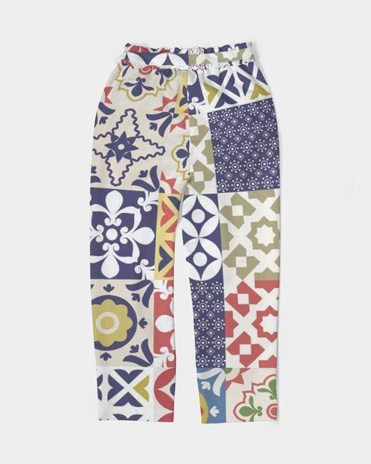 Grey Coco Accessories Women's Pants, Tapered Cut Trousers - Belted / White / Pop Print