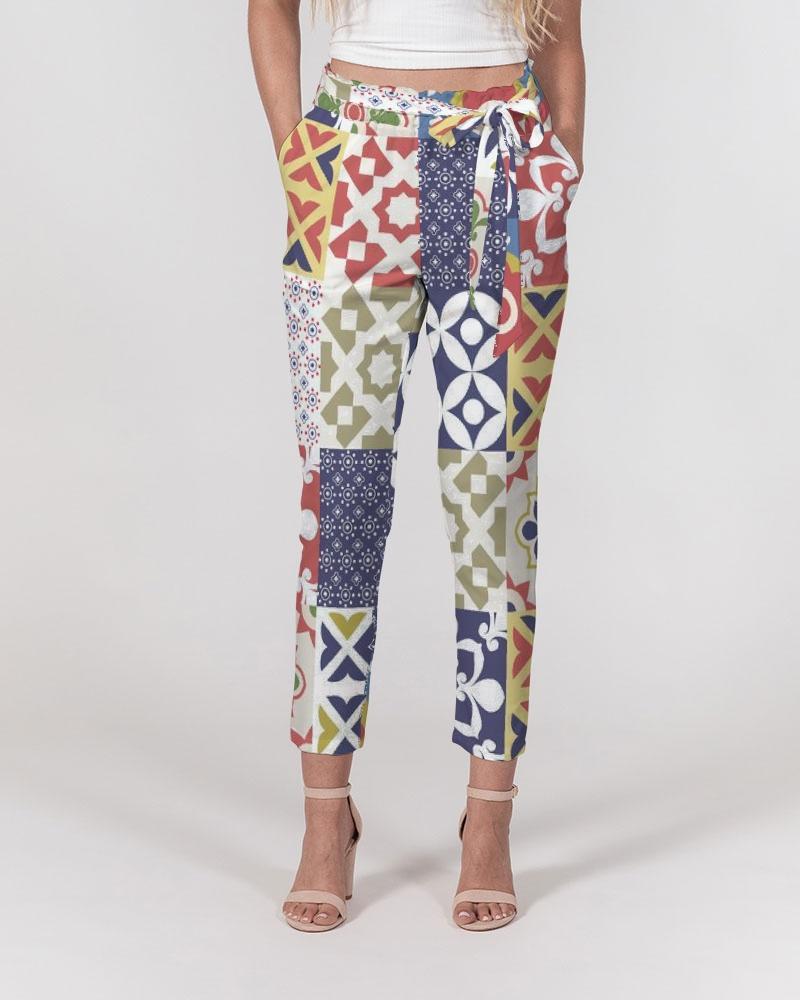 Grey Coco Accessories Women's Pants, Tapered Cut Trousers - Belted / White / Pop Print