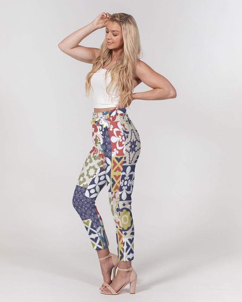 Grey Coco Accessories Women's Pants, Tapered Cut Trousers - Belted / White / Pop Print