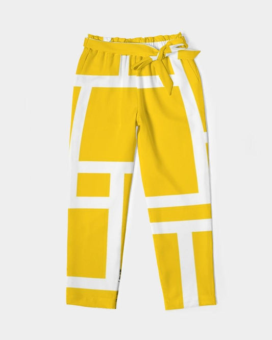 Grey Coco Accessories Women's Pants, Tapered Cut Trousers - Belted / Yellow & White