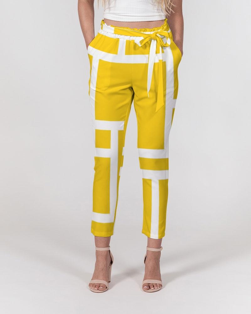 Grey Coco Accessories Women's Pants, Tapered Cut Trousers - Belted / Yellow & White