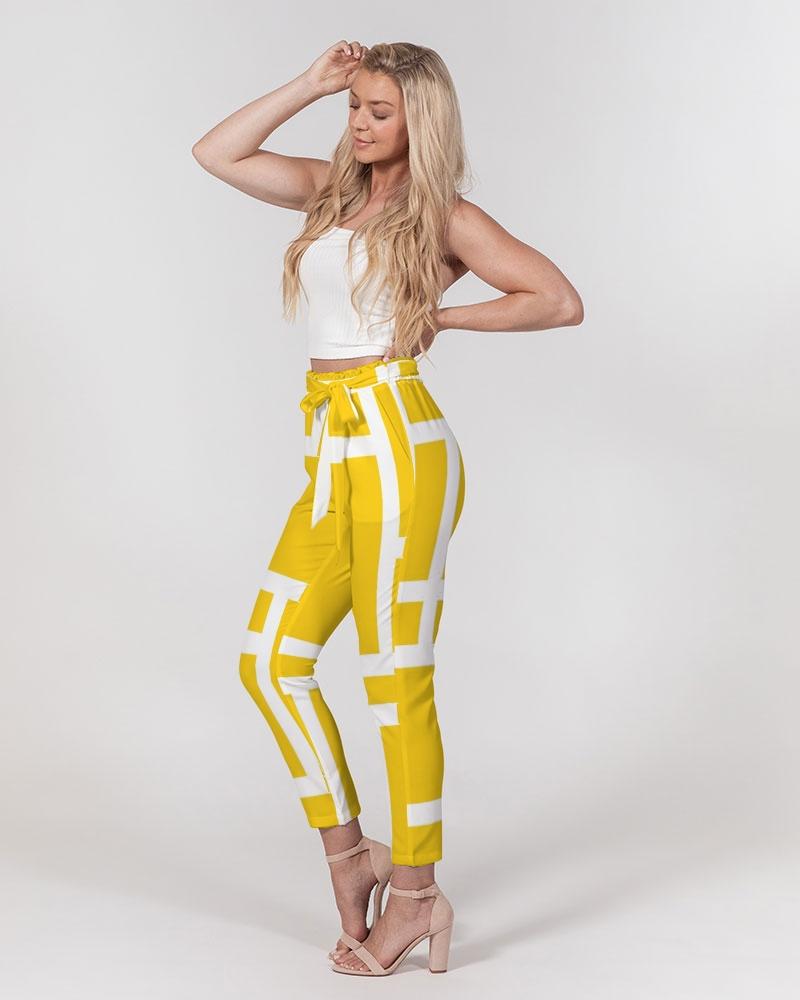 Grey Coco Accessories Women's Pants, Tapered Cut Trousers - Belted / Yellow & White