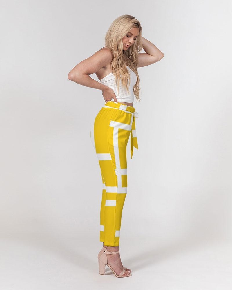 Grey Coco Accessories Women's Pants, Tapered Cut Trousers - Belted / Yellow & White
