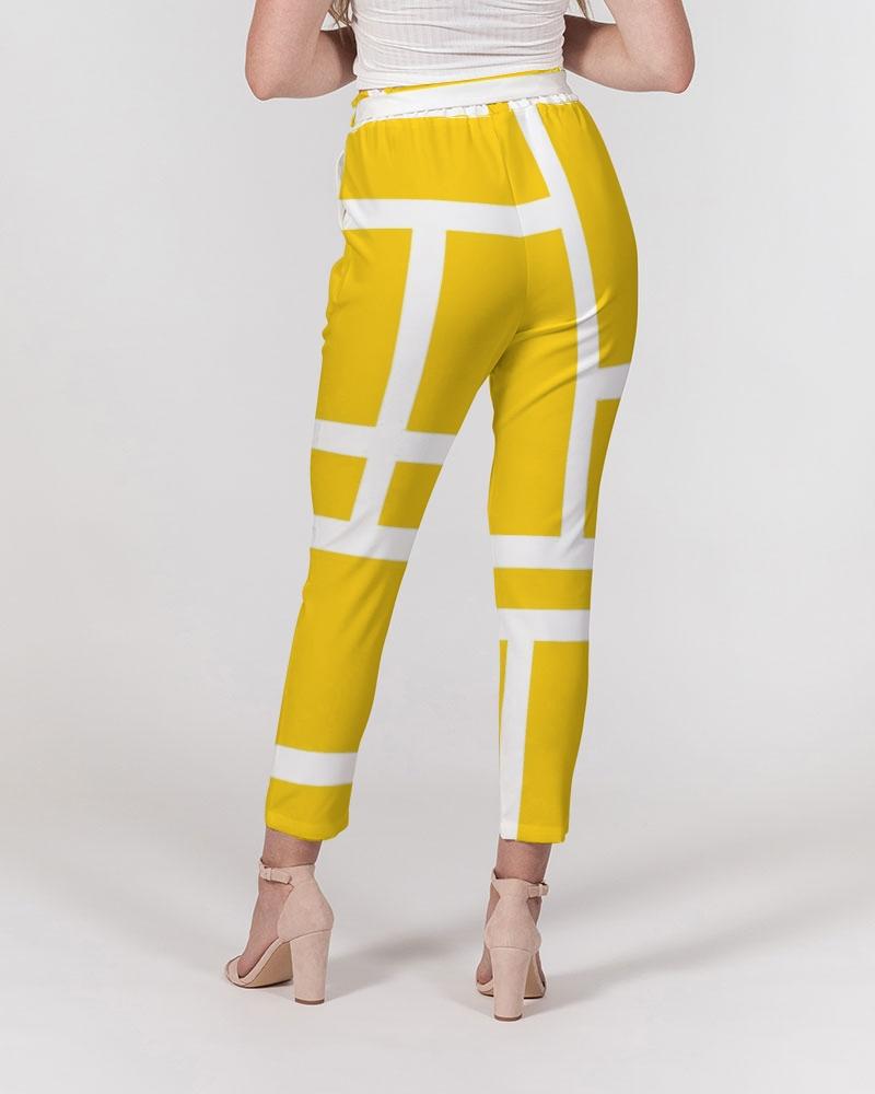 Grey Coco Accessories Women's Pants, Tapered Cut Trousers - Belted / Yellow & White