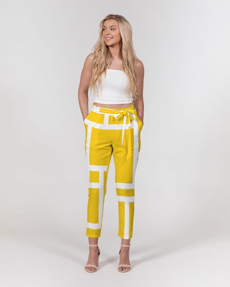 Grey Coco Accessories Women's Pants, Tapered Cut Trousers - Belted / Yellow & White